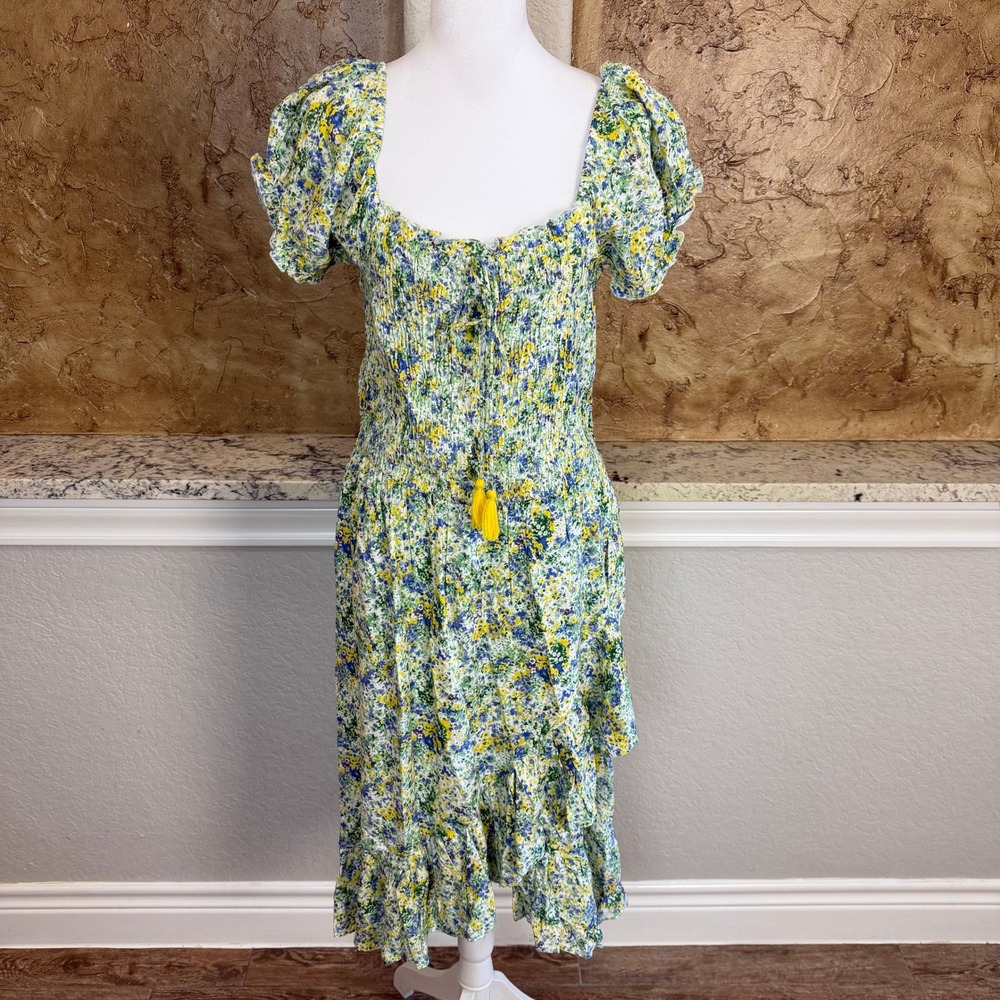Margaux Riviera Smocked Midi Dress Large Blue Yellow Floral Puff‎ Sleeve Cottage